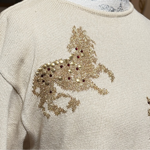 Vintage Mondi Beige and Gold Knit Top With Zodiac Signs with Rivets Size Large - Picture 11 of 12